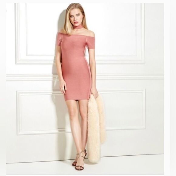 Marciano Luxe Rose Off The Shoulder Choker Neck Sexy Bodycon Mini Dress Large - Picture 2 of 13